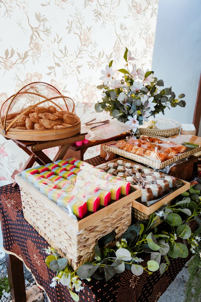 An elegant display of assorted pastries and sweets on a decorated table, perfect for events.